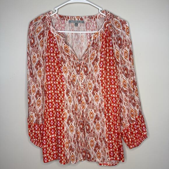 Daniel Rainn Women Top Small Multicolor 3/4 Roll Tab Boho Peasant Patchwork - Picture 1 of 6